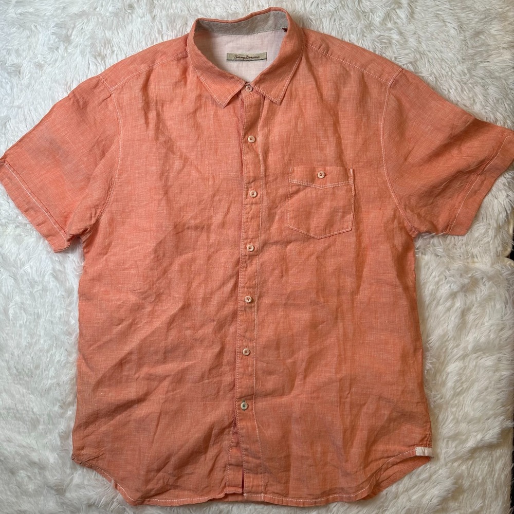 Tommy Bahama Linen Shirt Mens Large Orange Short Sleeve Button Up Casual Beach